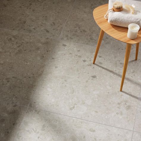 Large Format Tile for Showers, Bathrooms & More | The Tile Shop Terrazo Flooring, Large Tile Bathroom, Terrazzo Floor Tiles, Large Floor Tiles, Concrete Tile Floor, Cement Tile Floor, Grey Bathroom Tiles, Hall Flooring, Grey Floor Tiles