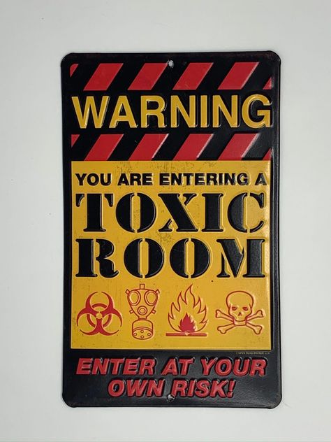 Warning You are Entering a Toxic Room Tin sign with 2 hole for easy hanging Made to look weathered Sign reads, Warning You are Entering a Toxic Room, Enter at Your Own Risk! Sign measures approx. 24.5 cm L x 1520 cm W Made in China For indoor use Enter At Your Own Risk, Toilet Art, Back Stretches For Pain, Teenage Room, Nerve Pain Relief, Preventative Health, 8th Sign, Graffiti Lettering, Room Signs