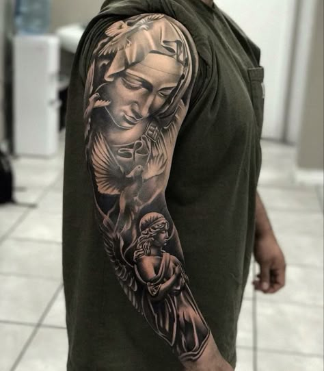 Pieta Tattoo, Jesus Tattoo Sleeve, Religious Tattoo Sleeves, Mother Mary Tattoos, Maria Tattoo, Catrina Tattoo, Mary Tattoo, Full Sleeve Tattoo Design, Religious Tattoo