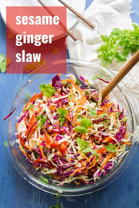 This zesty Asian slaw is packed with flavor and whips up in minutes! You need to make this show-stopping side dish at your next summer cookout. A show-stopping side dish that's naturally vegan, vegetarian, and gluten-free! Ginger Slaw, Asian Slaw Recipe, Slaw Salad, Asian Coleslaw, Sesame Ginger Dressing, Asian Slaw, Summer Cookout, Sesame Ginger, Vegan Side Dishes