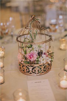 Birdcage With Flowers, Bird Cage Centerpiece, Wedding Birdcage, Jewel Tone Wedding, Bird Wedding, Bird Cage Decor, Vintage Bird Cage, Gold Wedding Decorations, Birdcages