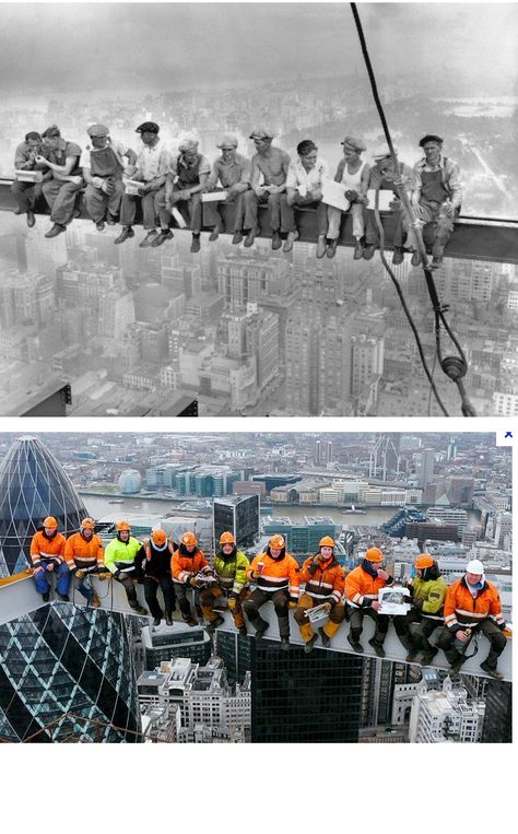 Lunch atop a Skyscraper  is a famous black-and-white photograph taken during construction of the RCA Building (renamed the GE Building in 1986) at Rockefeller Center in New York City, United States. Below is a picture of  construction workers who recreated the classic photo in 2011 by posing on a girder 800ft above London. Fascinating Pictures, Lunch Atop A Skyscraper, Then And Now Pictures, A Group Of People, Lodz, Group Of People, Foto Art, Photo Vintage, Before And After Pictures