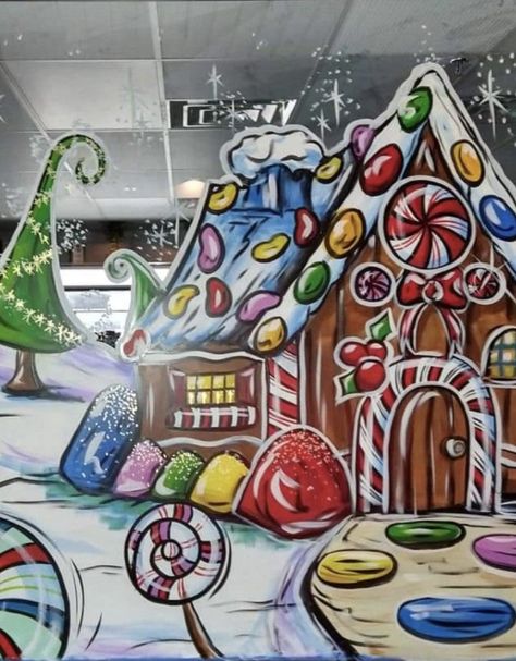 Candyland Window Painting, Christmas Window Painting Gingerbread, Window Paint Christmas Ideas, Christmas Mural Ideas, Gingerbread House Window Painting, Gingerbread Window Painting, Snowman Window Painting, Storefront Painting, Window Painting Christmas