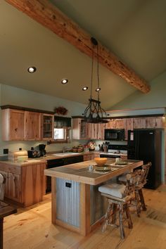 Corrugated Metal Decorating Ideas on Pinterest Rustic Cabin Kitchen, Log Cabin Kitchens, Log Cabin Kitchen, Log Home Builders, Rustic Kitchen Island, Farmhouse Kitchen Remodel, Farmhouse Kitchen Island, Rustic Kitchen Design, Cabin Kitchens