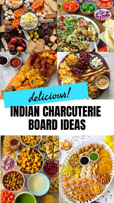 Step up your hosting game with these creative Indian charcuterie board ideas! Impress your guests with a spread of flavorful appetizers featuring a mix of traditional Indian snacks and modern charcuterie elements. From spicy samosas to tangy chutneys, this unique twist on a classic charcuterie board is sure to be a hit at your next gathering. Elevate your culinary skills and bring a taste of India to your party with these delicious and visually stunning Indian charcuterie board ideas! Indian Party Decorations Ideas, Indian Food With A Twist, Diwali Party Hosting Ideas, Charcuterie Board Indian Food, Indian Snack Platter, Fusion Indian Appetizers, Pani Puri Charcuterie Board, Indian Fusion Party Food, Samosa Charcuterie Board