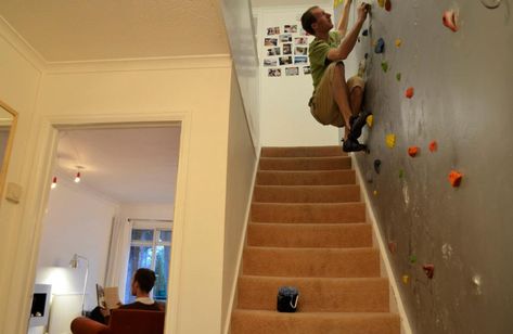 fun exercises in your home without buying exercise equipment or going to a gym -- see how far you can go climbing the wall as every day you get a little bit stronger. Awsome! would be fun for the basement, or side of the house Home Climbing Wall, Rock Climbing Wall, Stair Case, Take The Stairs, Renovation Design, Climbing Wall, Cool Stuff, A Living Room, Rock Climbing