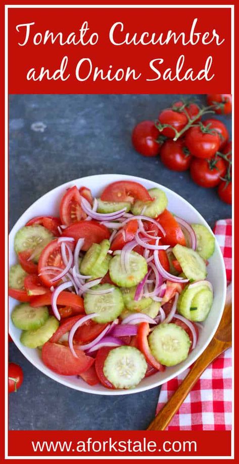 This delicious tomato cucumber onion salad is made with a simple oil and vinegar dressing in under 10 minutes. This tasty side salad is perfect for potlucks and barbecues. Tomato Cucumber Onion Salad, Oil And Vinegar Dressing, Cucumber Onion Salad, Season Salt, Cucumber Onion, Potluck Side Dishes, Satisfying Salads, Salads Recipes, Yummy Salads