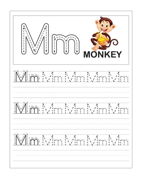 Children's Colorful Alphabet tracing practice worksheets, M is for Monkey M For Monkey, M Is For Monkey, Monkey Monkey, Colorful Alphabet, Tracing Practice, Alphabet Tracing, Preschool Activities, Vector Graphics, Preschool