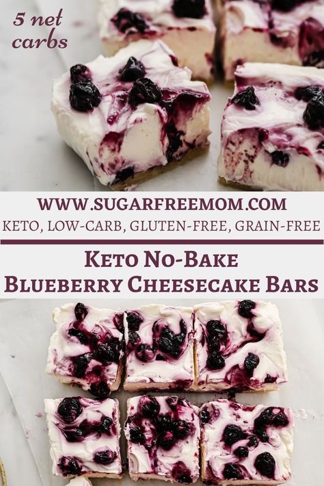 No-Bake Keto Sugar Free Blueberry Cheesecake Bars Keto Blueberry Cheesecake, Low Carb Blueberry, Keto No Bake Cheesecake, No Sugar Desserts, Cheesecake Bar, Blueberry Cheesecake Bars, No Bake Blueberry Cheesecake, Low Carb Cheesecake Recipe, Keto Blueberry