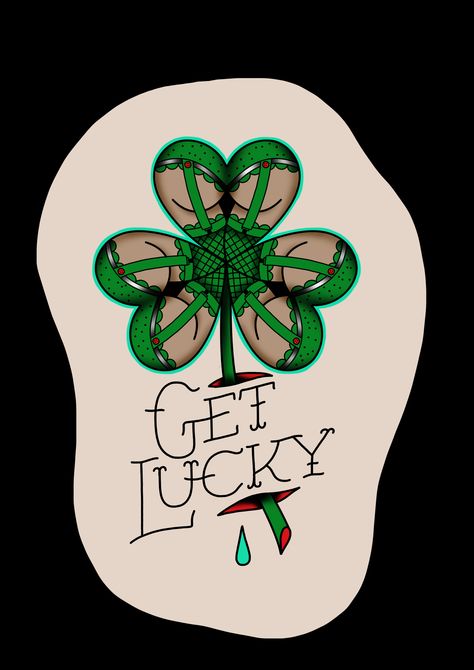 Get Lucky #luckyTattoo #getluckytattoo #goodlucktattoo #butttattoo Old School Clover Tattoo, Bingo Tattoo Design, Leprechaun Tattoos, Shamrock Tattoo, Back Of Leg Tattoos, Tato Flash, Tato Tradisional, Pinup Tattoo, Lucky Tattoo