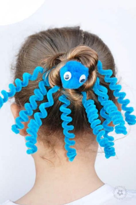 Child's hair styled like an octopus with blue pipe cleaner tentacles and googly eyes. Girls Crazy Hair Day, Crazy Hair For Kids, Halloween Hairstyle, Crazy Hair Day Ideas, Hairstyle For Kids, Short Hair For Kids, How To Look Attractive, Fun Buns, Wacky Hair Days