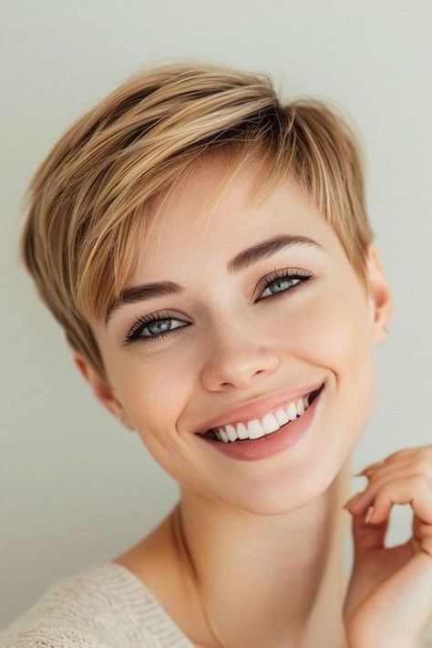 Pixie Front And Back View, Pixie Side Swept Bangs, Thick Pixie Haircut, Side Part Pixie Haircut, Pixie Haircut Ideas, Deep Side Part, Long Pixie Hairstyles, Long Pixie Cuts, Low Maintenance Hair