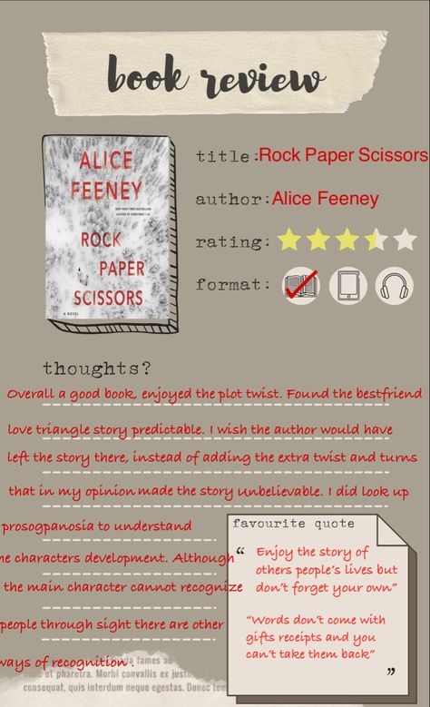 Rock Paper Scissors Aesthetic, Rock Paper Scissors Book Aesthetic, Rock Paper Scissors Book, Alice Feeney, Note Taking Tips, Minions Wallpaper, Rock Paper Scissors, Paper Scissors, Plot Twist