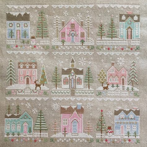 Glitter Village Cross Stitch, Cross Stitch Village, Framing Cross Stitch, Farmhouse Cross Stitch, Cotton Thread Embroidery, Anni Downs, Cross Stitch House, Holiday Cross Stitch, Cross Stitch Pillow