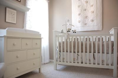 Beautiful taupe and white baby girl nursery with a Pottery Barn Kids Kendall crib and dresser and "Lambie" baby bedding set. Grey Crib White Dresser Nursery, Baby Nursery Furniture Sets White, White Crib Grey Dresser, Baby Cribs Furniture Pottery Barn Kids, Pottery Barn Crib White, White Baby Cribs, Simple Nursery, White Crib, Baby Girl Nursery Themes