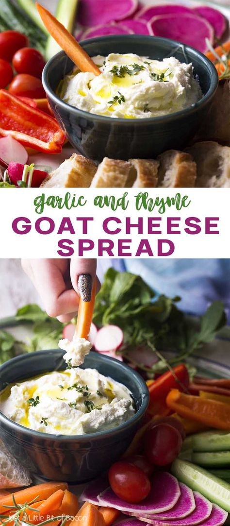 Dip your favorite crudites and crackers into my easy garlic goat cheese spread! This cold herbed appetizer can be made in minutes and use just a few ingredients. | justalittlebitofbacon.com #appetizerrecipes #diprecipes #goatcheese #appetizers #dips #spreads Garlic Goat Cheese Dip, Goat Cheese Dip Cold, Goat Cheese Cream Cheese Dip, Goat Cheese Recipes Appetizers Dips, Goat Cheese And Crackers, Goat Cheese Spread Recipes, Herbed Goat Cheese Recipe, Savory Spreads, Goat Cheese Dip Recipes