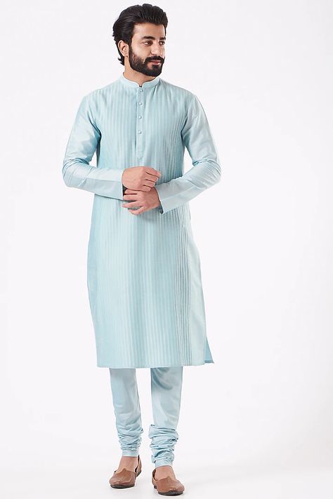 Powder Blue Cotton Silk Kurta Set Design by Abhishek Gupta Men at Pernia's Pop Up Shop 2022 Pastel Colour Kurta For Men, Luxury Unstitched Light Blue Kurta, Pastel Men’s Kurta, Pestal Colour Men Kurta, Powder Blue Kurta For Men, Indian Fashion Designers, Churidar, Pernia Pop Up Shop, Pin Tucks