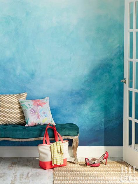 A fresh coat of paint can work wonders for a wall. But sometimes you need a little more pizzazz. These fresh ideas for wall treatments—like using reclaimed wood, painting an ombre pattern, or installing a mural—are guaranteed to liven up your space. Wall Painting Techniques, Ombre Wall, Escalier Design, Wall Paint Designs, Living Room Paint, Room Paint, Wall Treatments, New Wall, My New Room