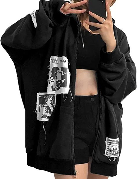 Aesthetic Clothes Grunge, Grunge Aesthetic Clothes, Grunge Sweatshirt, Punk Hoodie, Grunge Jacket, Black Graffiti, Harajuku Sweatshirt, Retro Coat, Spring Hoodie