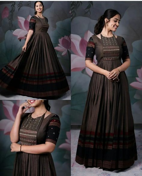 Gown Dress From Saree, Long Gown Dress From Saree, Saree To Dress, Dress From Saree, Dress Stitching Ideas, Dress Designs For Stitching, Dress Stitching, Dress Saree, Simple Frock Design