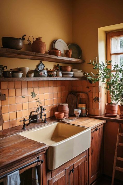 61 Earthy Kitchen Ideas for a Cozy, Organic Look Warm Cottage Kitchen, Cottage Home Aesthetic, Cozy Kitchen Design, Earthy Kitchen Ideas, Earthy Cottage, Earthy Kitchen, Arts And Crafts Kitchen, Kitchen Cozy, Bohemian Kitchen