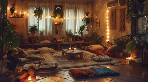 Bohemian-inspired retreat Coffee Table With Floor Cushions, Low Sitting Living Room, Floor Seating Ideas Small Spaces, Floor Sitting Living Room, Couchless Living Room, Artist Space, Wooden Coffee Tables, Macrame Wall Hangings, Sunken Living Room