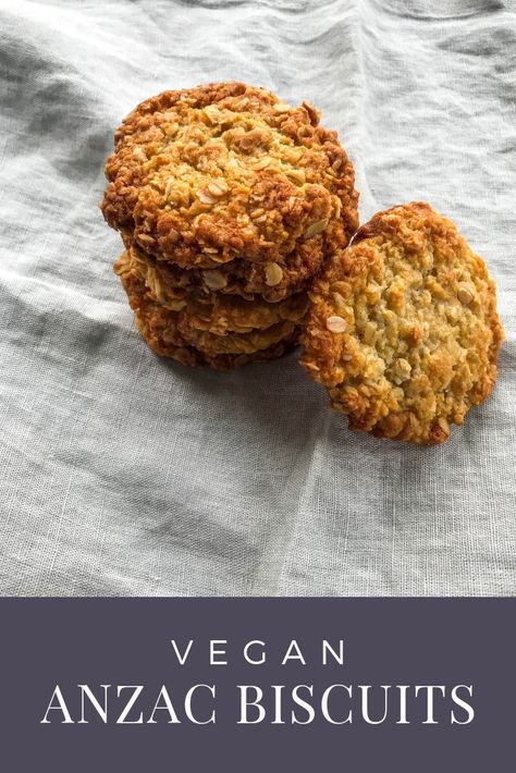 A little crunch on the edge. Soft, chewiness in the middle. That's precisely how I like my Anzac Biscuits! These are an Australian icon and with good reason - they're loaded with coconut, oats, and golden syrup to create a truly dreamy biscuit. And, since today is Anzac Day, there could be no better time to pop this recipe up on the blog! #veganbiscuits #vegan #veganfood Vegan Snacks On The Go, Coconut Oats, Vegan Pies Recipes, Vegan Biscuits, Vegan Waffles, Anzac Biscuits, Vegan Brunch, Vegan Bread, Golden Syrup