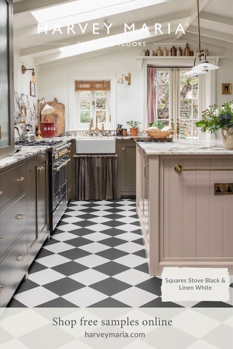 Achieve a perfect blend of luxury and practicality with black and white checkerboard LVT flooring. Ideal for modern and traditional kitchens, the pairing of Squares Stove Black and Linen White offers easy maintenance without compromising on elegance. Style it your way - shop free samples online. Black And White Floor Kitchen, White Floor Kitchen, Heritage Colours, White Vinyl Flooring, Victorian Style Bathroom, Black And White Floor, Sophisticated Kitchen, Stove Black, Family Hub