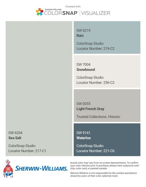 I just created this color palette with the Sherwin-Williams ColorSnap® Visualizer app on my Android phone. What do you think? You can learn more about ColorSnap Visualizer and get it on your phone free by visiting https://www.sherwin-williams.com/content/colorsnap.html. Lake House Color Palette, Light Blue Exterior House Colors, Contented Sherwin Williams, Blue Exterior House Colors, Florida Bathroom, Sherwin Williams Blue, Bathroom Color Palette, Georgia House, Wet Basement