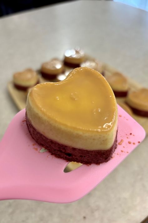 Mini heart Red Velvet Flan Red Velvet Flan Cake, Tres Leches Cupcakes, Flan Cake, Red Velvet Cake Mix, Flan Recipe, Product Shoot, Chocolate Chip Recipes, Heart Red, Velvet Cake