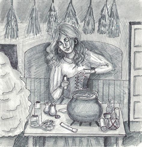 witch making potion in her house. Inktober day 3: Vessel Witch Making Potion Drawing, Witch Making Potion, Potion Drawing, Witch Room, Study English, English Study, Art References, Art Project, Pose Reference