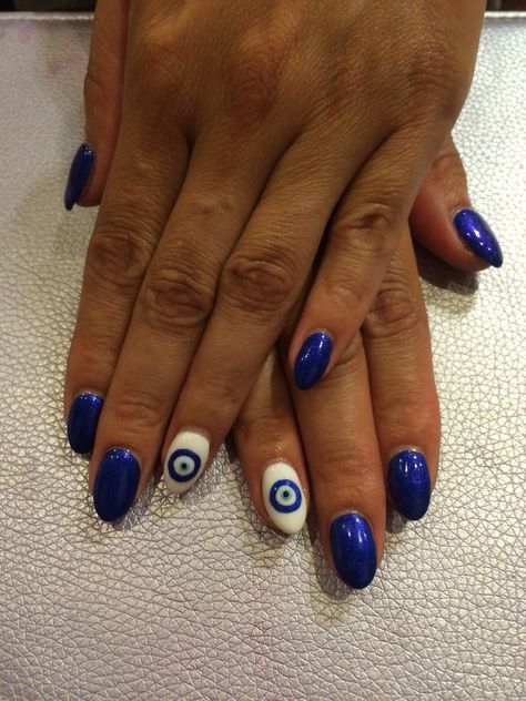 Evil Eye Gel Nails, Greek Holiday Nails, Greek Eye Nails, Greece Holiday Nails, Greek Nail Art, Greek Nails Designs, Greek Nails, Main Aesthetic, Evil Eye Nails