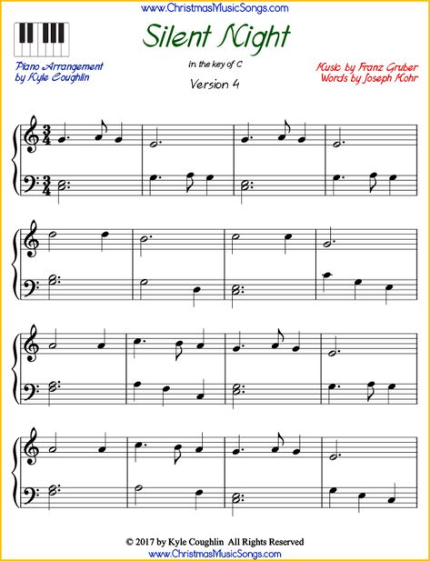 Silent Night intermediate piano sheet music. Free printable PDF at www.ChristmasMusicSongs.com #pianomusic #pianosheetmusic #christmasmusic #silentnight Silent Night Piano, Silent Night Sheet Music, Piano Sheet Music Beginners, Christmas Piano Sheet Music, Popular Piano Sheet Music, Beginner Piano Music, Easy Sheet Music, Trumpet Sheet Music, Hymn Sheet Music