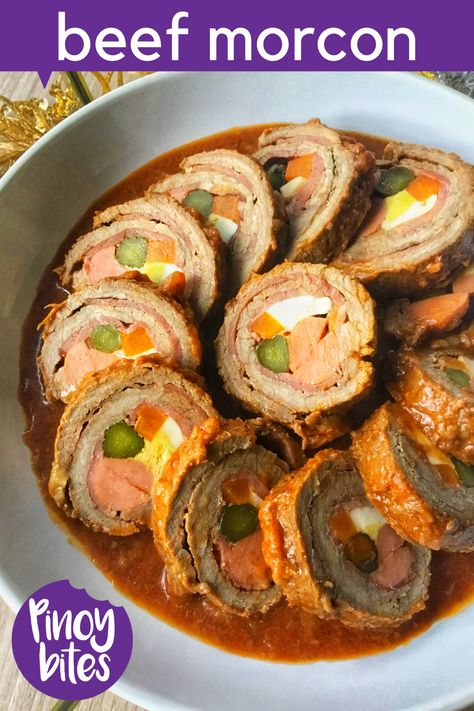 A festive beef roulade dish that is served on special occasions, particularly around the holiday season. It’s braised until tender and the inside reveals a concoction of appetizing flavors and colors. #beefmorcon #braisedbeef #beefdish #filipinofiesta #filipinomeatrecipe #morcon #panlasangpinoy #pinoyfood #pinoyrecipe #pinoybites Filipino Beef Recipes, Beef Morcon, Beef Roulade, Phillipino Food, Nye Dinner, Philippine Cuisine, Pinoy Foods, Meat Rolls, Filipino Dish