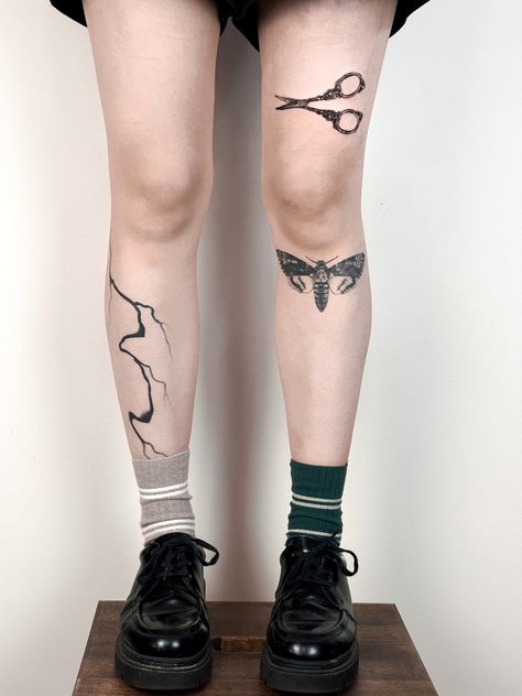 leg tattoo, tattoo for women, tattoo for girls, knee tattoo, front leg tattoo, black ink, moth tattoo, deaths head hawk moth tattoo, skull moth, skull, moth, vintage scissors, victorian scissors, silver scissors, tattoo inspiration, art, sketch, tattoo design, cybersigilism, 2014 tumblr, abstract tech, abstract pixie, acidwave, punk, alternative, art academia, bauhaus, berlin, chromcore, cyber ghetto, cyber fairy grunge, cyber pop, emo, film noir, futurism, witchcraft,  gothic, retro futurism Vintage Leg Tattoo, Moth Below Knee Tattoo, Deaths Head Hawkmoth Tattoo, Dystopian Tattoo, Hawkmoth Tattoo, Moth Tattoo Leg, Aesthetic Leg Tattoos, Deathhead Moth Tattoo, Vintage Scissors Tattoo