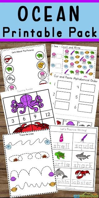 Make practicing numbers, letters, counting, and literacy FUN with these ocean worksheets. These free printable ocean worksheets for preschool, pre-k, kindergarten, first grade, and 2nd grade students are perfect for exploring the amazing creatures that live under the sea while learning a variety of skills.  Simply print the ocean printables and you are ready for your upcoming ocean theme with lots of no-prep ocean activities. Ocean Animals Preschool Free Printable, Ocean Worksheets For Kids, Ocean Homeschool, Ocean Worksheets, Ocean Animals Preschool, Ocean Activities Preschool, Ocean Lesson Plans, Preschoolers Activities, Preschool Ocean