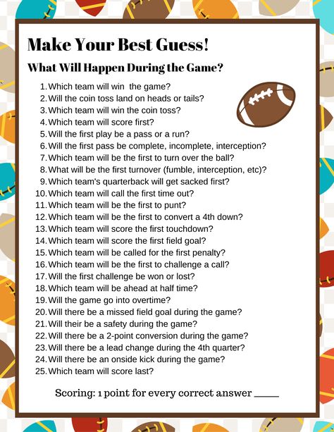 A FREE Guessing Game to Make Any Football Party More Exciting – Team Colors By Carrie Football Party Banner, Diy Football Party, Football Trivia, Superbowl Party Games, Football Party Decorations, Football Diy, The Game Is Over, Sports Party, Guessing Games