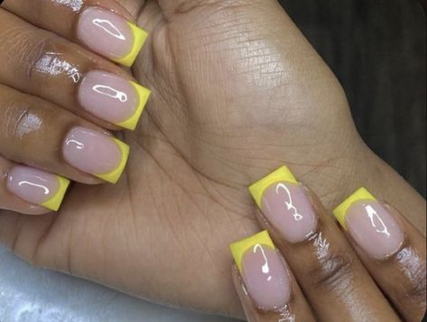 Stubby French Tips, Yellow French Tip Nails Short Square, Yellow Short French Tip Nails, Short Yellow French Tip Acrylic Nails, Square Acrylic Nails French Tips Color, Shorties Acrylic Nails Square French Tip, Yellow Acrylic Nails Square, Yellow Acrylic Nails Short, Yellow French Tip Acrylic Nails