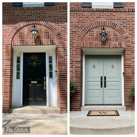 Front Door Transformation, Old Colonial Homes, Single Front Door, Entrance Foyer Design, Double Door Entryway, Front Walkway, Door Entryway, Entrance Foyer, Exterior Makeover