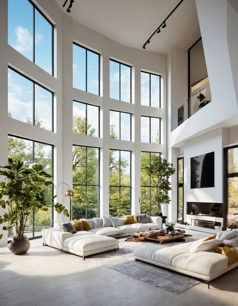 High Ceiling Living Room Modern Open Spaces Big Windows, Tall Windows Living Room High Ceilings, Living Room Large Windows, Firmdale Hotels, Dream Wallpaper, Dream Life House, Real Estates Design, Elegant Dining Room, Big Windows