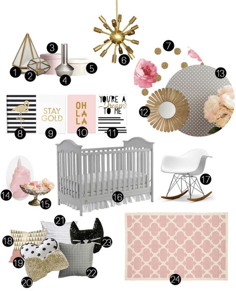 Gray, gold, silver, pink, black and white nursery inspiration. Bold prints, florals, glittery metallics. @ajoyfulriot Black And White Patterns, Floral Black And White, Modern Crib, Gold Nursery, Nursery Patterns, White Nursery, Baby Girl Nursery, Big Girl Rooms, Nursery Inspiration