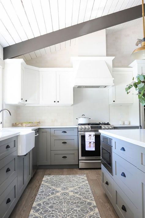 Ask Maria: About Kitchen Cabinet Uppers and Lowers in Different Colours | Maria Killam Tall Ceiling Kitchen, Cabinets Gray, Two Tone Kitchen Cabinets, Upper Kitchen Cabinets, Cheap Kitchen Cabinets, Gray And White Kitchen, Gray Cabinets, Gray Kitchen, White Kitchen Design