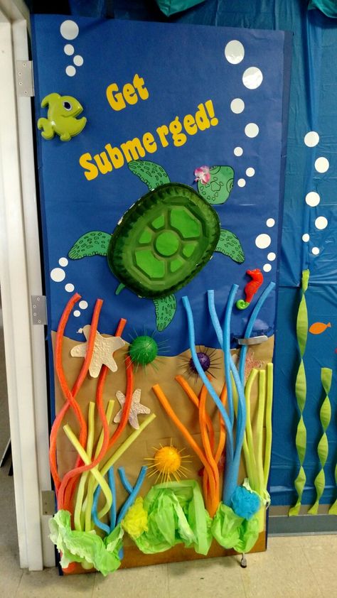 Aquarium Door Decoration, Ocean Theme School Decorations, Turtle Door Decorations Classroom, Turtle Classroom Door, Beach Theme Door Decorations Classroom, Sea Turtle Classroom Decor, Beach Door Decoration, Beach Theme Classroom Door, Ocean Classroom Door Ideas