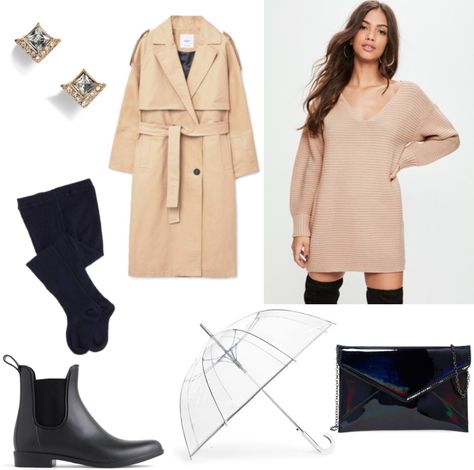 Winter rainy day outfit with sweater dress, black tights, tan trench coat, black rain boots, black clutch bag with chain strap, stud earrings Outfits For Cold Rainy Days, Winter Rainy Day Outfit, Winter Fashion College, College Outfits Cold Weather, Rainy Day Outfit For Work, What Do I Wear, College Outfits Winter, Fall College Outfits, Rainy Day Fashion