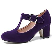 Low Chunky Heels, Elegant Chunky Heels, Purple Wedding Shoes, Denim Outfits, Womens Chunky Heels, Wedding Dress Shoes, Low Heel Shoes, Purple Suede, Mary Jane Pumps