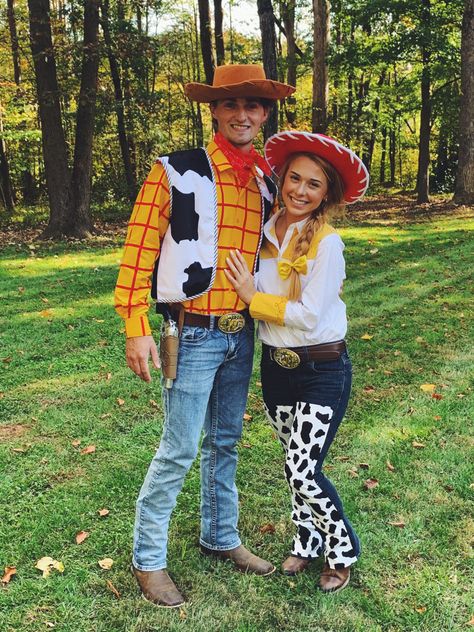 Couples Costumes Toy Story, Couple Toy Story Costumes, Toy Story Woodie And Jessie Couples Costume, Couples Costumes Iconic, Woody And Jessie Halloween Costumes, Diy Woody Costume Men, Jessie Toy Story Costume Woman Diy, Jesse And Woody Costume Couple, Jessie And Woody Costumes Couple