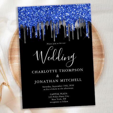 Elegant Black Blue Silver Glitter Drips Wedding Invitation https://www.zazzle.com/elegant_black_blue_silver_glitter_drips_wedding_invitation-256430478897403049?rf=238253331811171847&tc=pthao Royal Blue And Black Wedding Theme, Royal Blue And Silver Wedding Theme, Blue Wedding Stationery, Mums Wedding, Gold Save The Dates, Wedding Postcard, Royal Blue Wedding, Wedding Black, Navy Blue Wedding