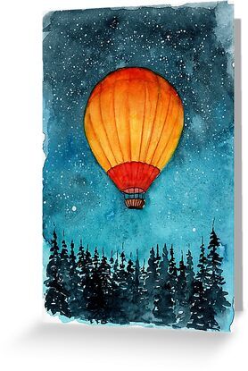 4" x 6" cards for every occasion. Digitally printed on heavyweight stock. Uncoated blank interior provides a superior writing surface. Comes with a kraft envelope. Additional sizes are available. Watercolor illustration of a yellow and red hot air balloon in a turquoise star-studded night sky above the tops of fir trees Night Sky Drawing, Watercolor Night Sky, Hot Air Balloons Art, Doodle Paint, Balloon Illustration, Balloon Painting, Sensory Art, Fir Trees, Watercolor Paintings For Beginners