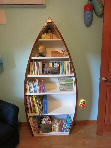 Row Boat Bookcase Boys Fishing Room, Boat Bookcase Nursery, Boat Bookcase, Nursery Bookcase, Bookcase With Glass Doors, Fishing Room, Bookshelves Diy, Row Boat, Toddler Books