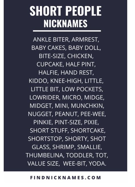 Cool, Popular and creative nicknames for short people. Need a nickname for someone short? Check out our list Names To Call Tall People, Nicknames For Short Friends, Mean Names To Call People Funny, Crazy Nicknames For Best Friends, Nicknames For Short Girlfriends, Weird Nicknames For Best Friends, Things To Call Short People, Mean Names To Call People, Funny Nicknames For Friends Hilarious